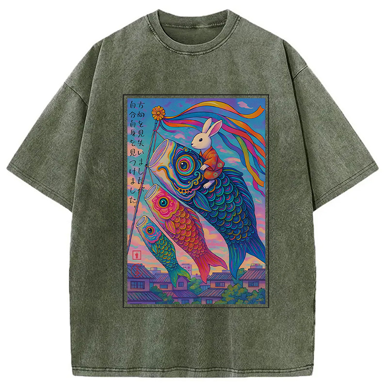 Modecanvas Ukiyoe Rabbit Ride Carp streamer Poster Washed T-Shirt