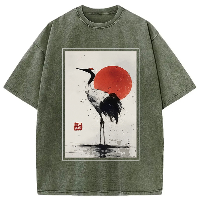 Modecanvas Retro Japanese Red-crowned Crane Washed T-Shirt