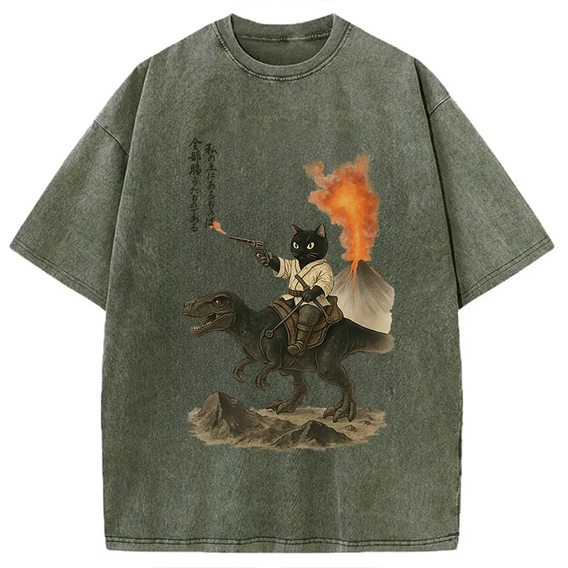 Modecanvas Cat Riding A Dinosaur Washed T-Shirt