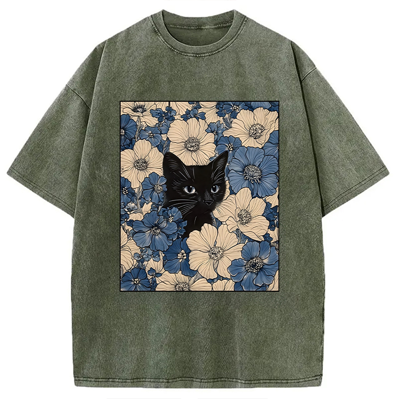 Modecanvas Cat In The Flowers Washed T-Shirt