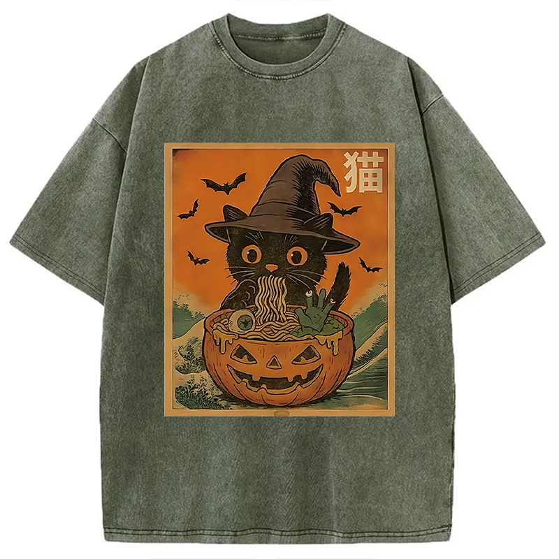 Modecanvas Halloween Cat Eating Ramen Washed T-Shirt