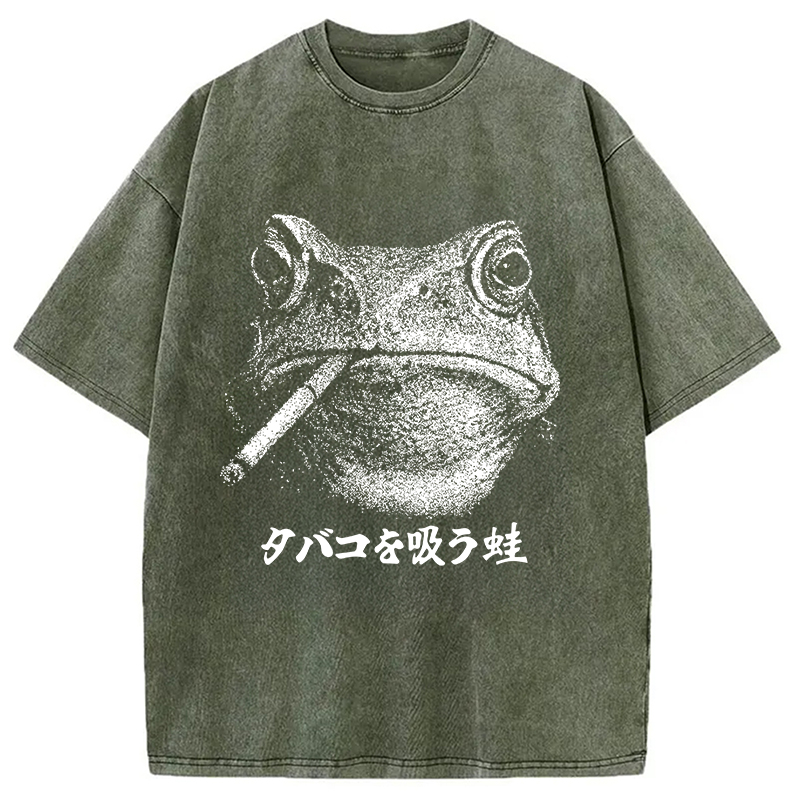 Modecanvas Funny Smoking Frog Meme Washed T-Shirt