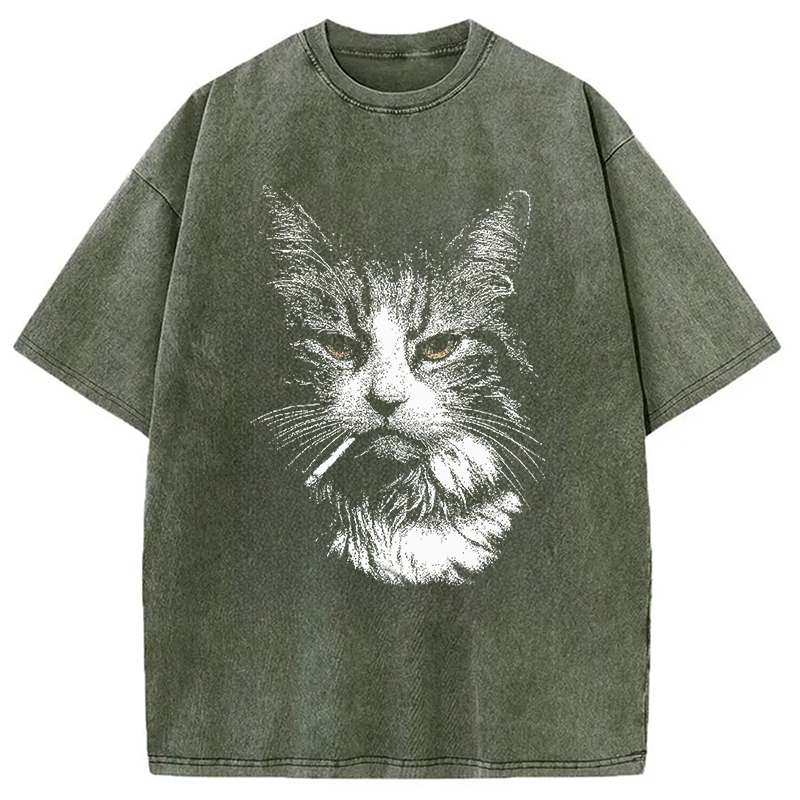 Modecanvas Cool Cat Smoking Meme DTG Printing Washed T-Shirt-modecanvas