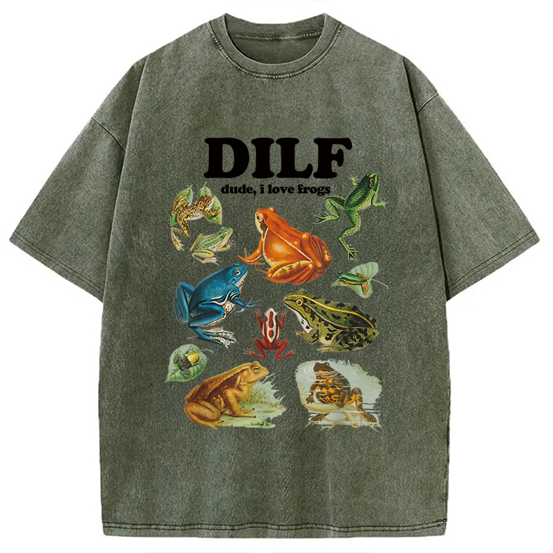 Modecanvas Dude I Love Frog Washed T-Shirt-modecanvas