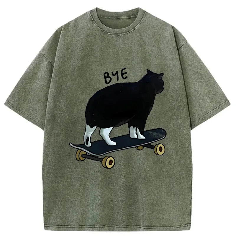 Modecanvas Cat On Skateboard Washed T-Shirt-modecanvas