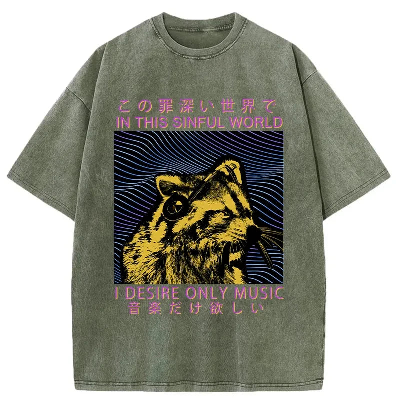 Modecanvas Raccoon Listening To Music Washed T-Shirt