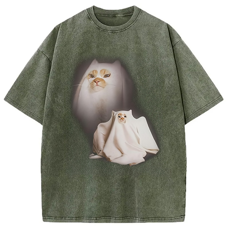 Modecanvas Ghost Cat Meme DTG Printing Washed T-Shirt-modecanvas