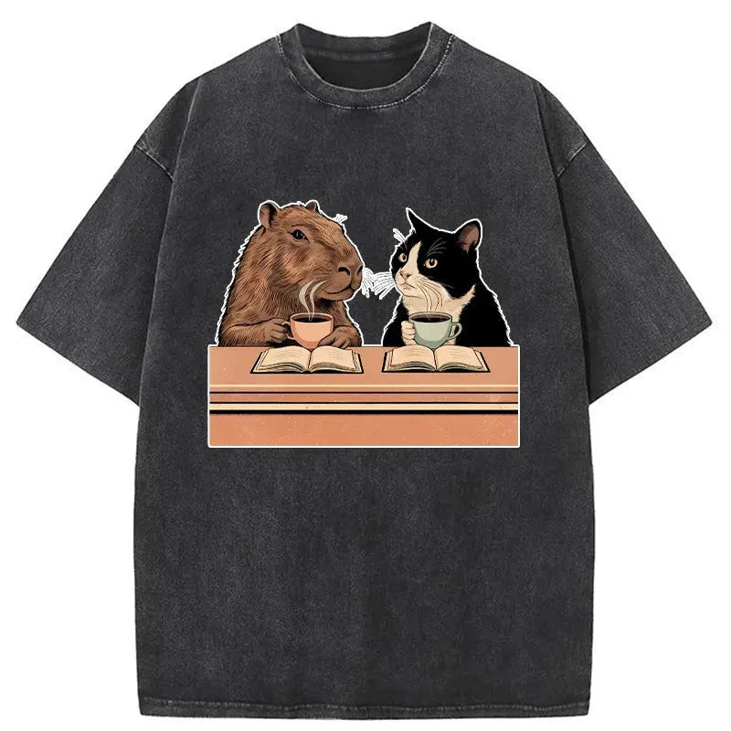 Modecanvas Capybara And Cat Talk Washed T-Shirt-modecanvas