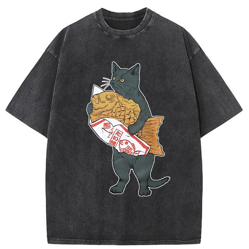 Modecanvas Cat Holding Taiyaki Washed T-Shirt