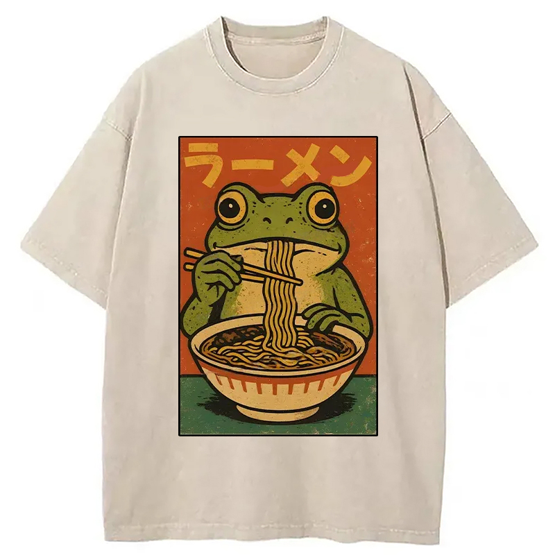 Modecanvas Frog Eating Ramen Retro Washed T-Shirt
