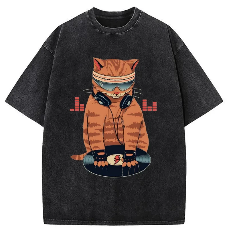 Modecanvas Funny Cat DJ Washed T-Shirt