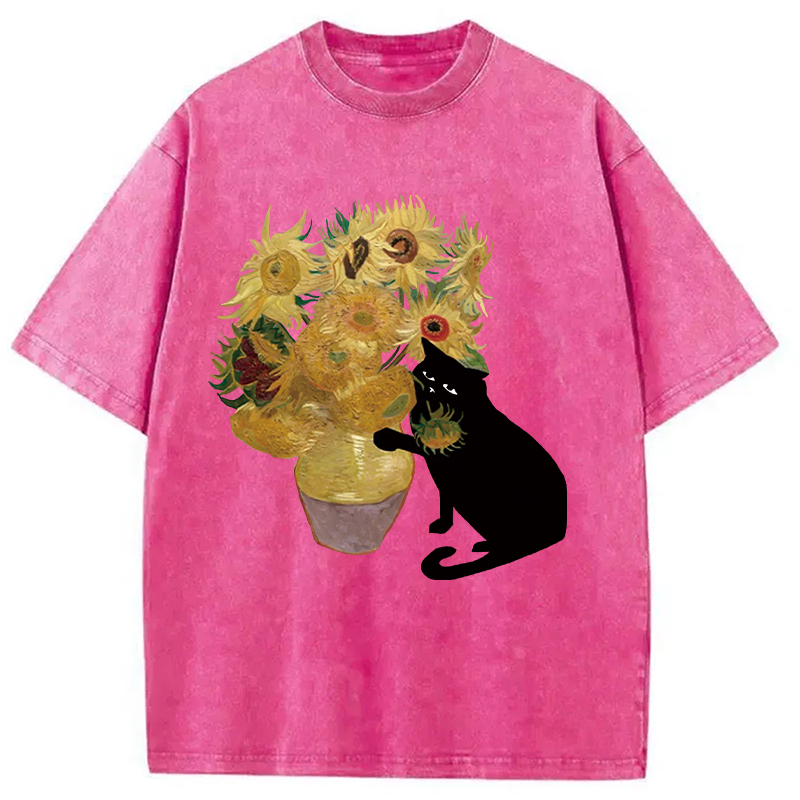 Modecanvas Cat Stealing Flowers Washed T-Shirt