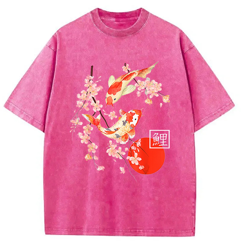 Modecanvas Cherry Blossom Koi Carp Fish Japanese Sakura Washed T-Shirt