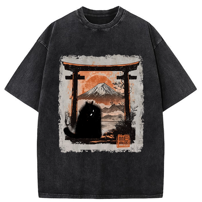 Modecanvas Mt. Fuji Guardian Cat Washed T-Shirt