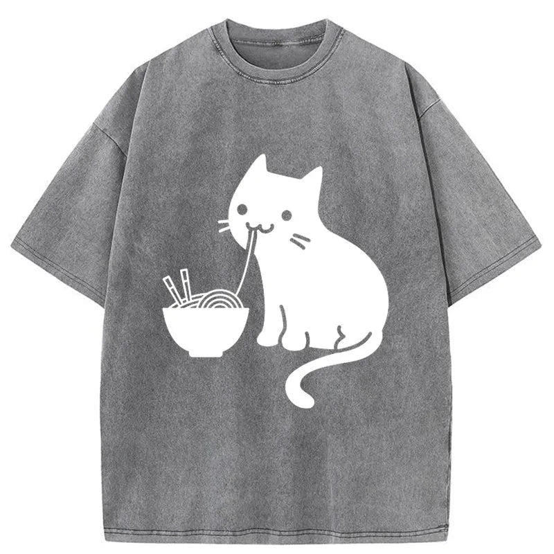 Modecanvas Cat Eating Ramen Japan Washed T-Shirt