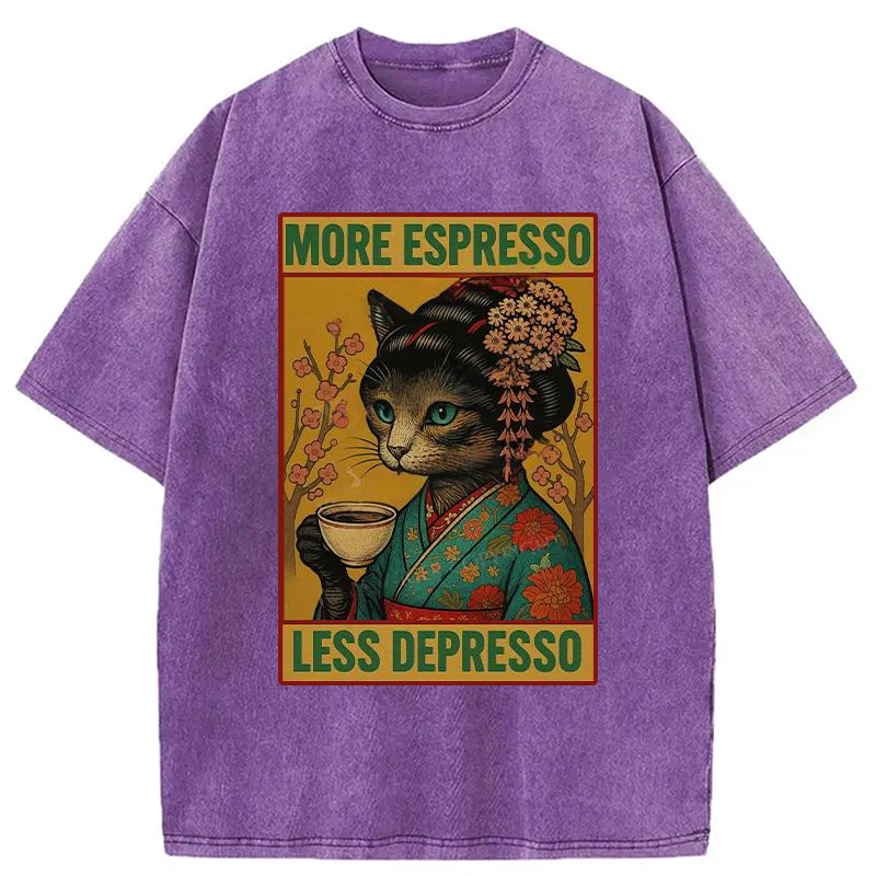 Modecanvas Geisha Cat Drinking Coffee Washed T-Shirt