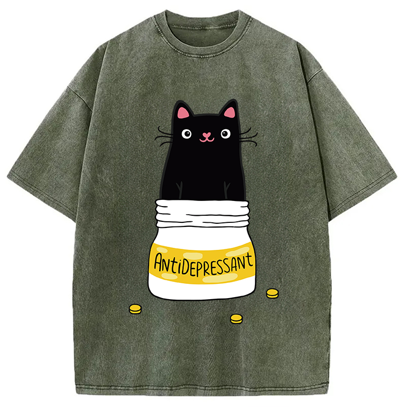 Modecanvas Cute Cat Antidepressant Funny Meme Washed T-Shirt