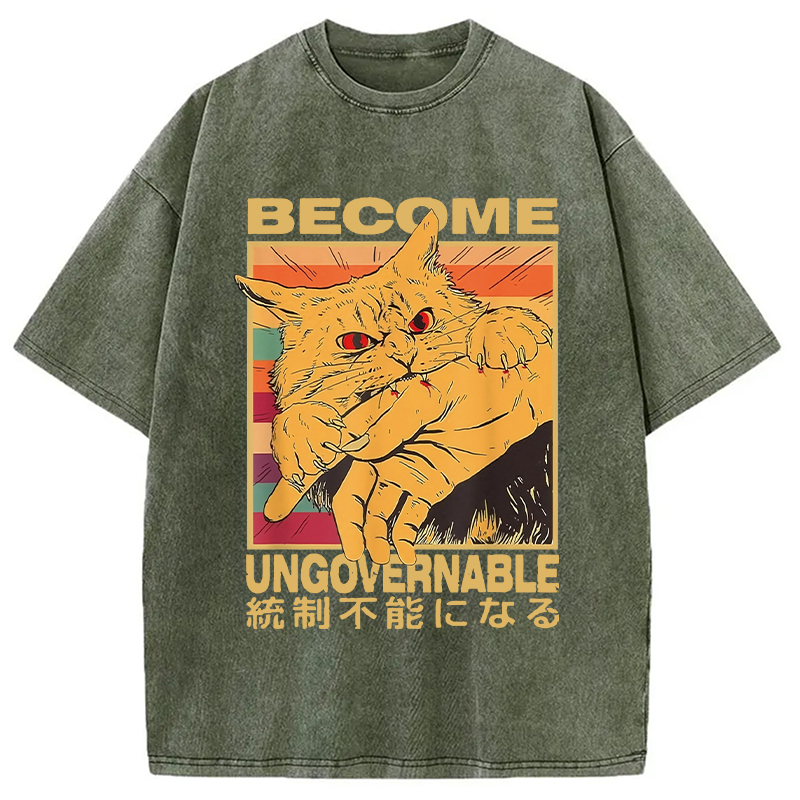 Modecanvas Become Ungovernable Funny Japanese Cat Bite Washed T-Shirt