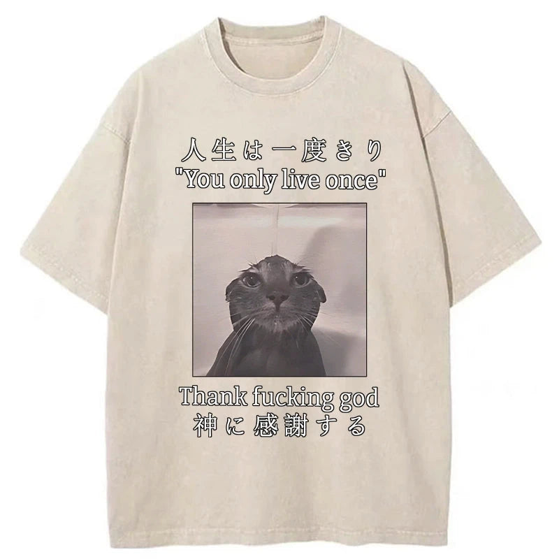 Modecanvas Funny Melancholy Cat Washed T-Shirt-modecanvas