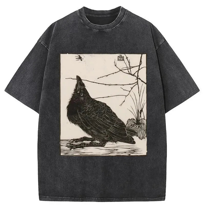 Modecanvas Crow Print Japanese Washed T-Shirt