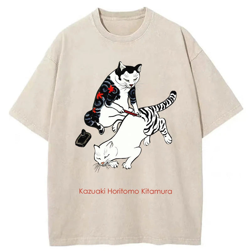 Modecanvas The Cat Is Tattooing Washed T-Shirt