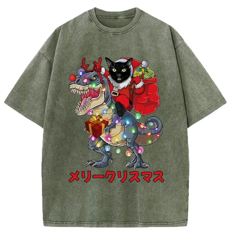 Modecanvas Cat Riding Dinosaur Christmas Washed T-Shirt