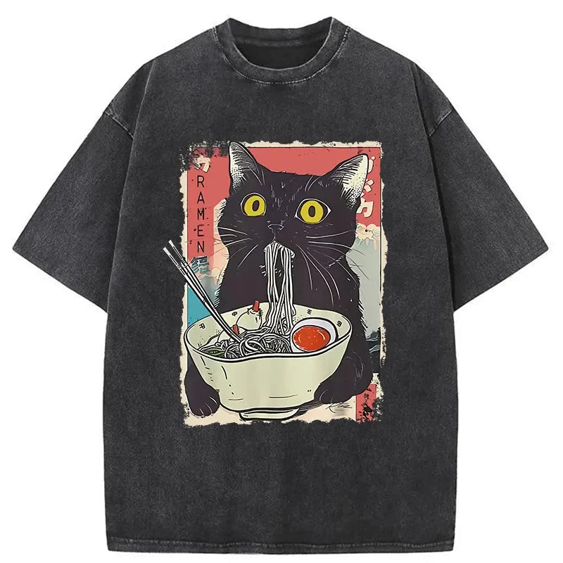 Modecanvas Cute Cat Eating Ramen Washed T-Shirt-modecanvas