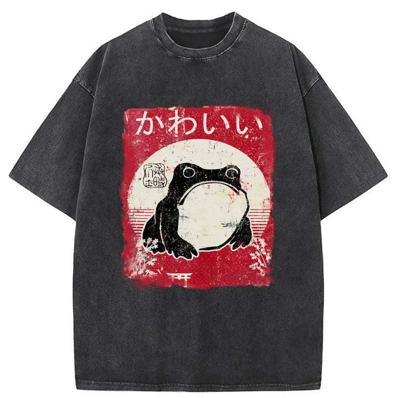 Modecanvas Woodblock Print Grumpy Frog Washed T-Shirt