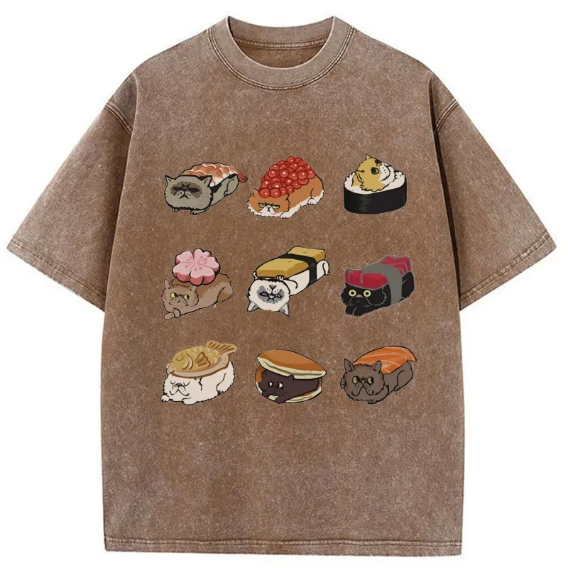 Modecanvas Cute Cat Sushi Washed T-Shirt