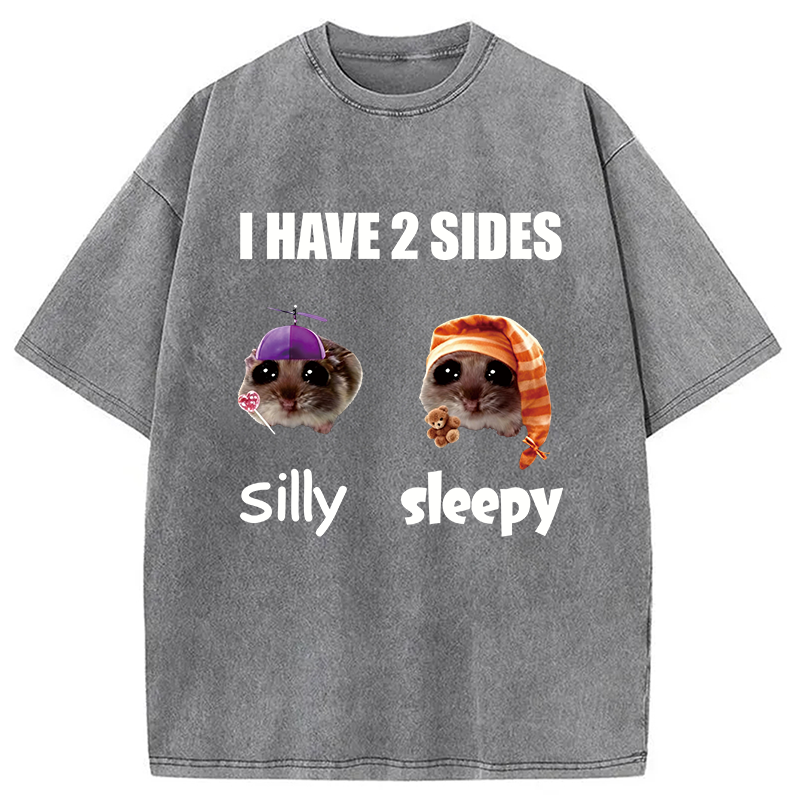 Modecanvas I Have 2 Sides Silly Sleepy Rat Meme DTG Printing Washed T-Shirt