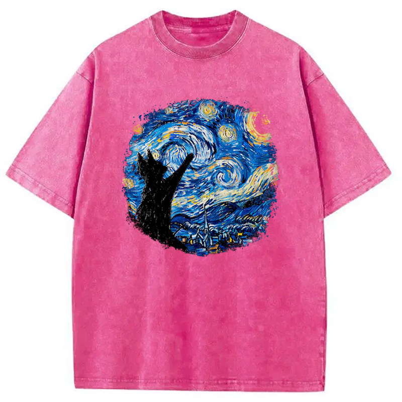 Modecanvas Starry Night Cat Washed T-Shirt