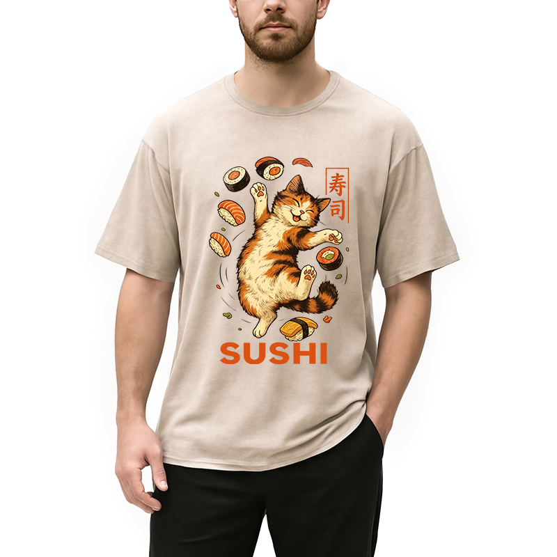 Modecanvas Funny Sushi Cat DTG Printing Washed T-Shirt