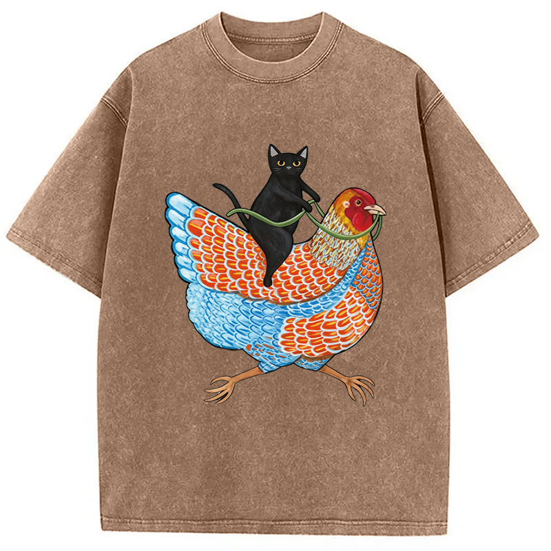 Modecanvas Black Cat On a Wyandotte Chicken Washed T-Shirt-modecanvas