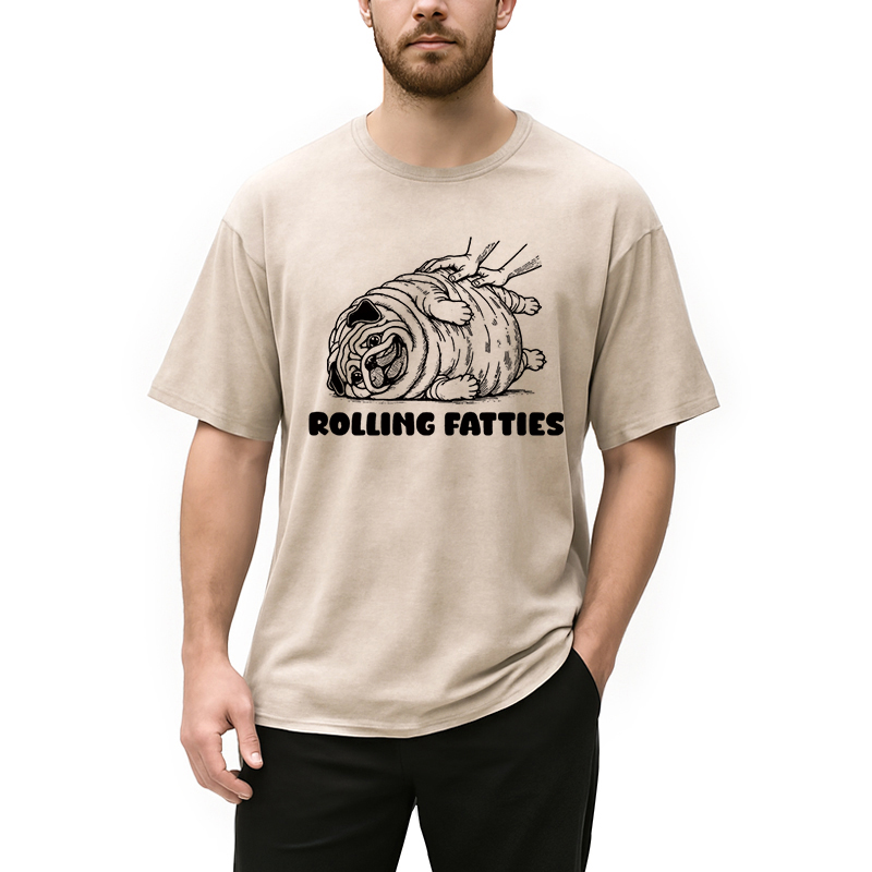 Modecanvas Rolling Fatties Dog Funny Pug Meme Washed T-Shirt