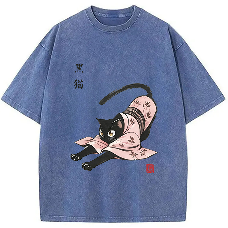 Modecanvas Yoga Black Cat DTG Printing Washed T-Shirt