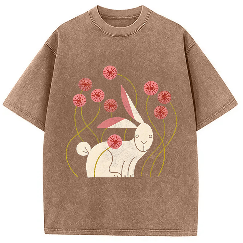 Modecanvas Rabbit and Wildflowers DTG Printing Washed T-Shirt