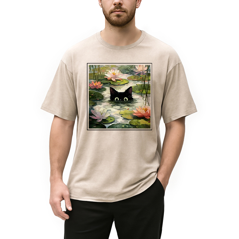 Modecanvas Black Cat and Lotus Flower Washed T-Shirt