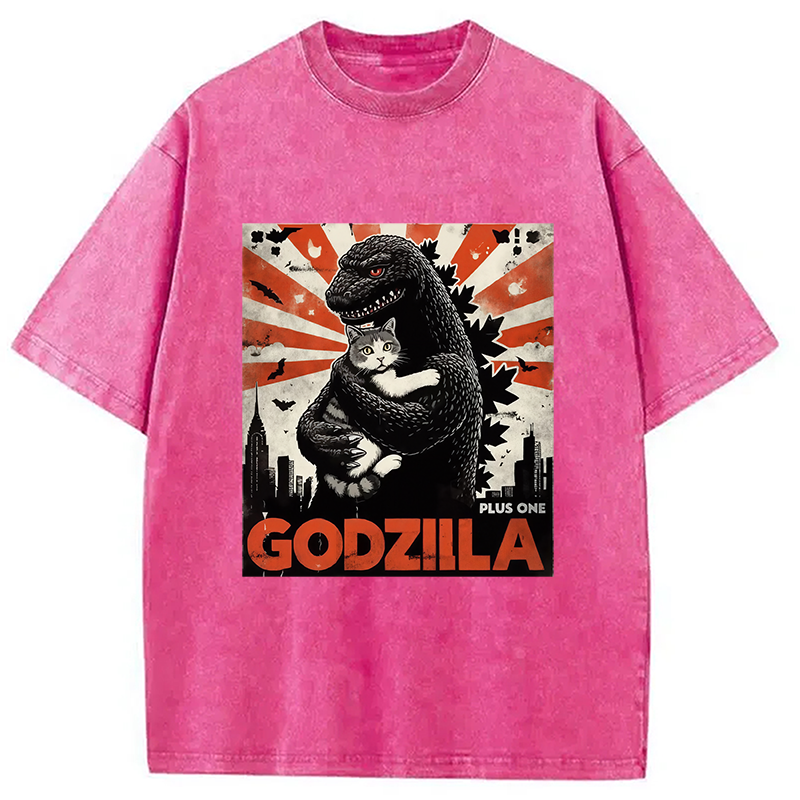 Modecanvas Catzilla Funny Monster And Cat Vintage Washed T-Shirt