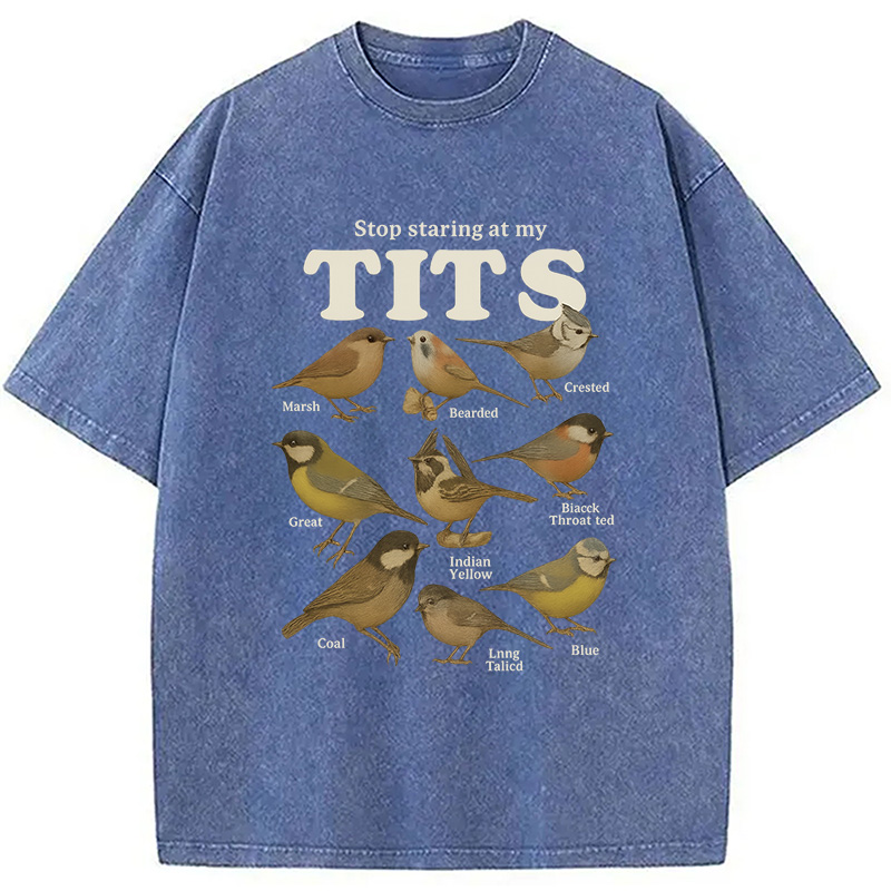 Modecanvas Stop Staring At My Tits Meme Bird Washed T-Shirt