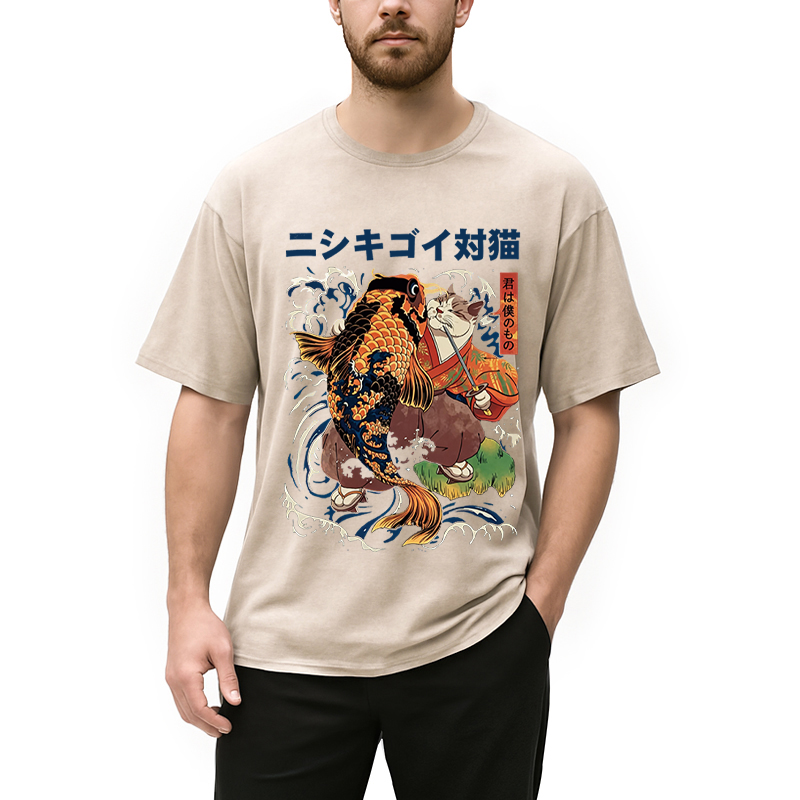 Modecanvas The Cat And The Koi DTG Printing Washed T-Shirt