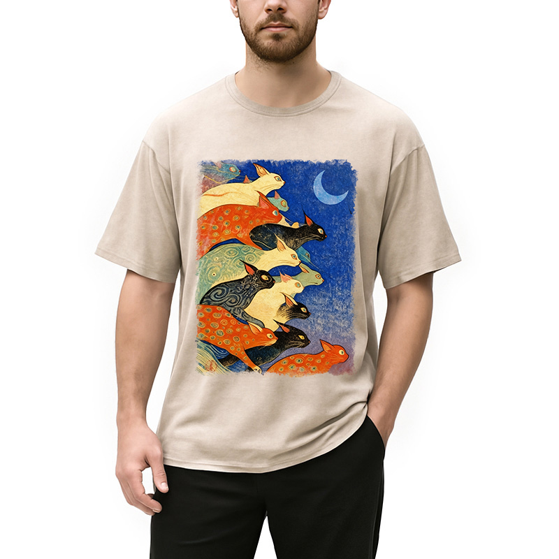 Modecanvas Colorful Flowing Cats Washed T-Shirt