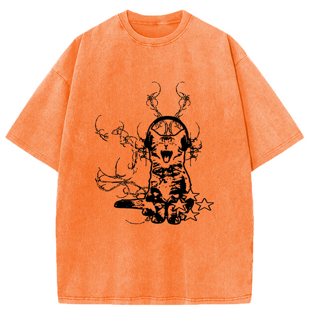 Modecanvas Funny Music Cat Washed T-Shirt