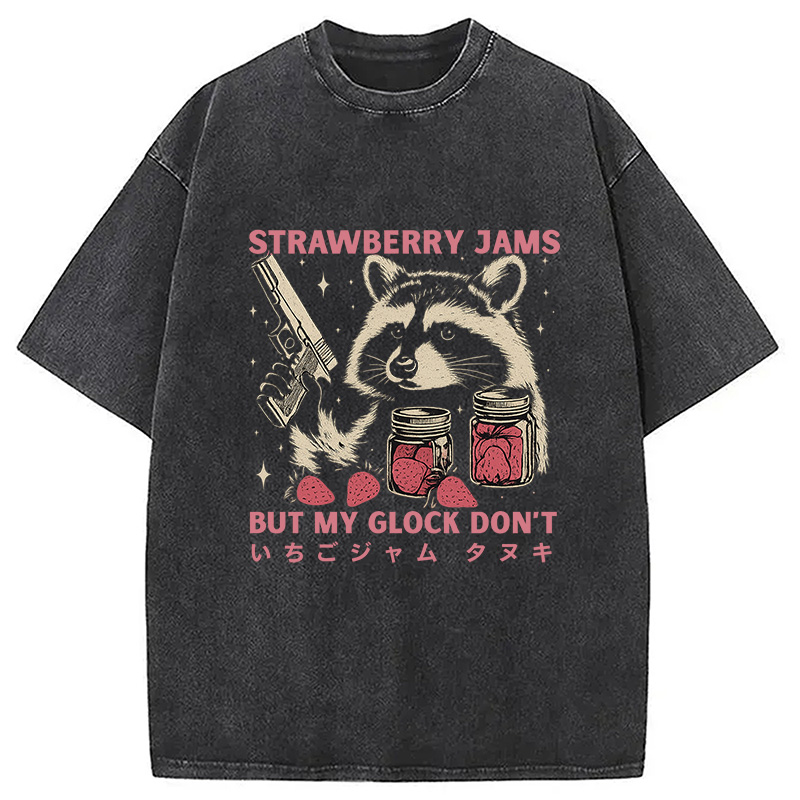 Modecanvas Strawberry Jams Funny Raccoon Washed T-Shirt For Sale