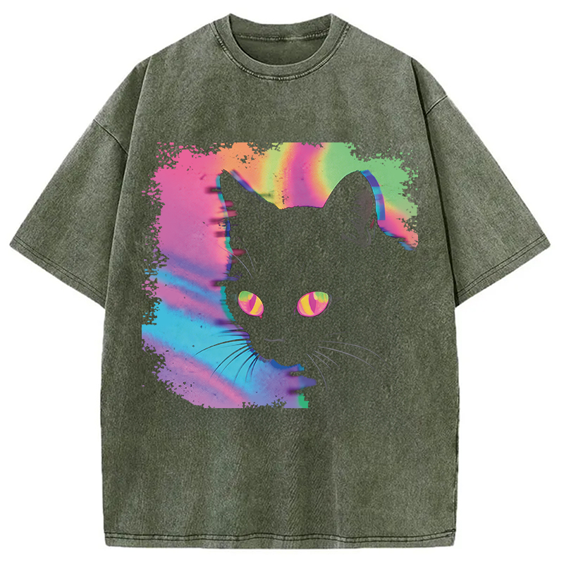 Modecanvas Psychedelic Weirdcore Cat DTG Printing Washed T-Shirt-modecanvas