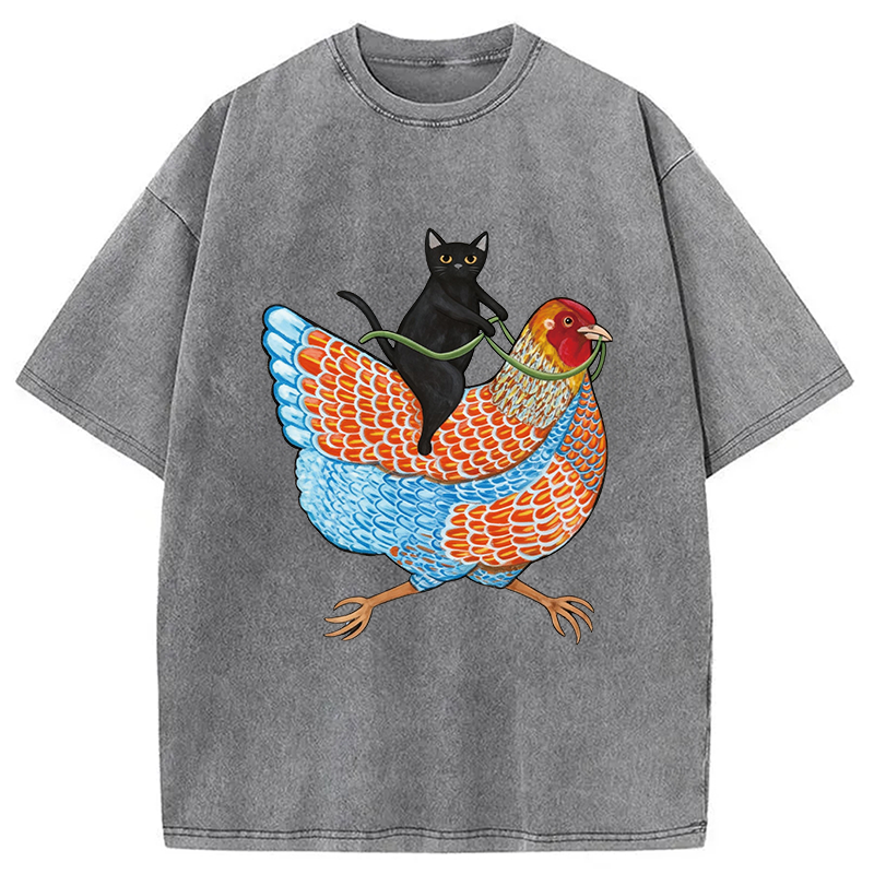 Modecanvas Black Cat On a Wyandotte Chicken Washed T-Shirt-modecanvas