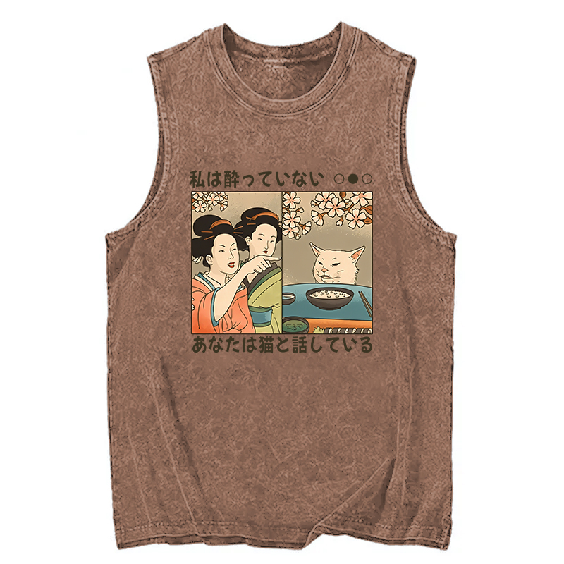 Modecanvas Japanese Woman Shouting at a Cat DTG Printing Washed Tank-modecanvas