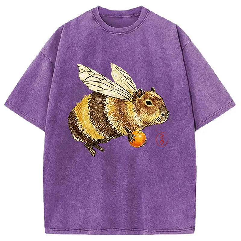 Modecanvas Funny Capybara Bee Meme DTG Printing Washed T-Shirt