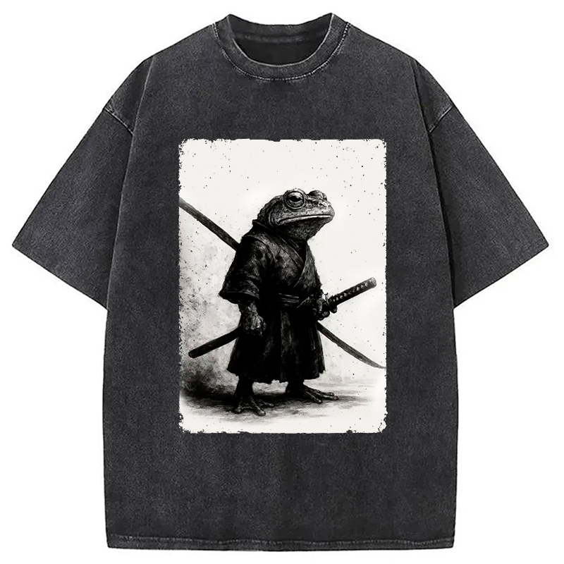 Modecanvas Retro Frog Samurai Japanese Washed T-Shirt