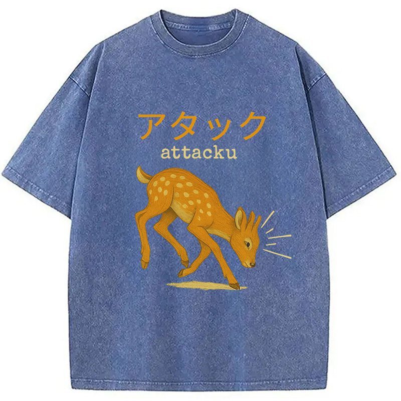 Modecanvas Funny Japanese Deer Washed T-Shirt