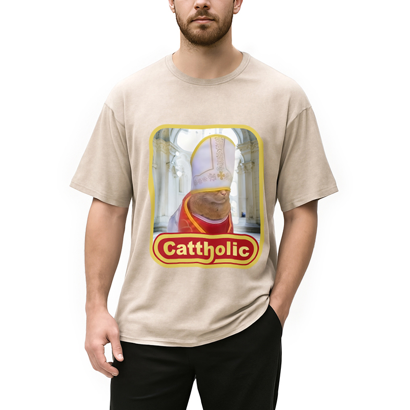 Modecanvas Cattholic Cat Funny Washed T-Shirt